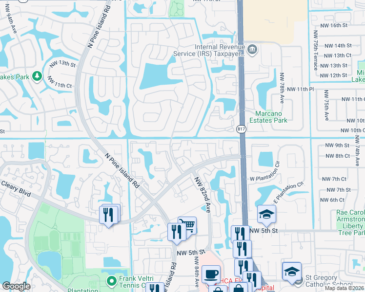 map of restaurants, bars, coffee shops, grocery stores, and more near 8218 Northwest 9th Street in Plantation