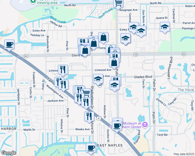 map of restaurants, bars, coffee shops, grocery stores, and more near 2031 Shadowlawn Drive in Naples