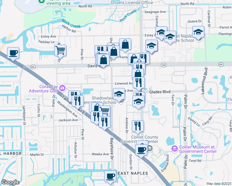 map of restaurants, bars, coffee shops, grocery stores, and more near 2031 Shadowlawn Drive in Naples