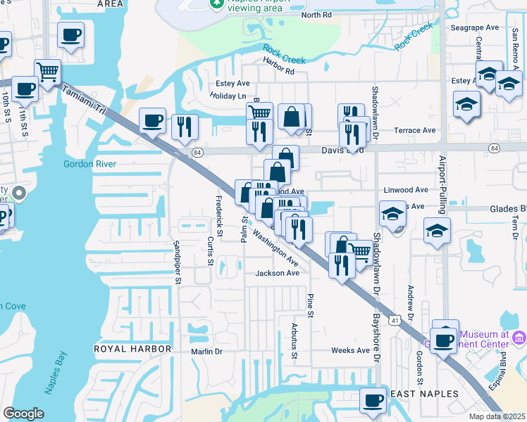 map of restaurants, bars, coffee shops, grocery stores, and more near 2205 Tamiami Trail East in Naples