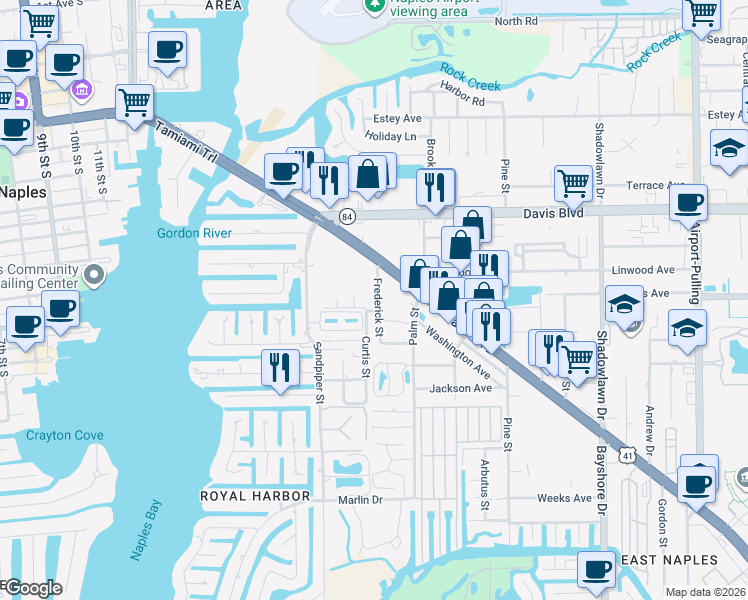 map of restaurants, bars, coffee shops, grocery stores, and more near 2023 Mills Lane in Naples