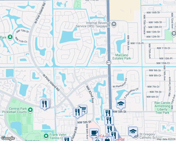 map of restaurants, bars, coffee shops, grocery stores, and more near 8186 Northwest 8th Place in Plantation