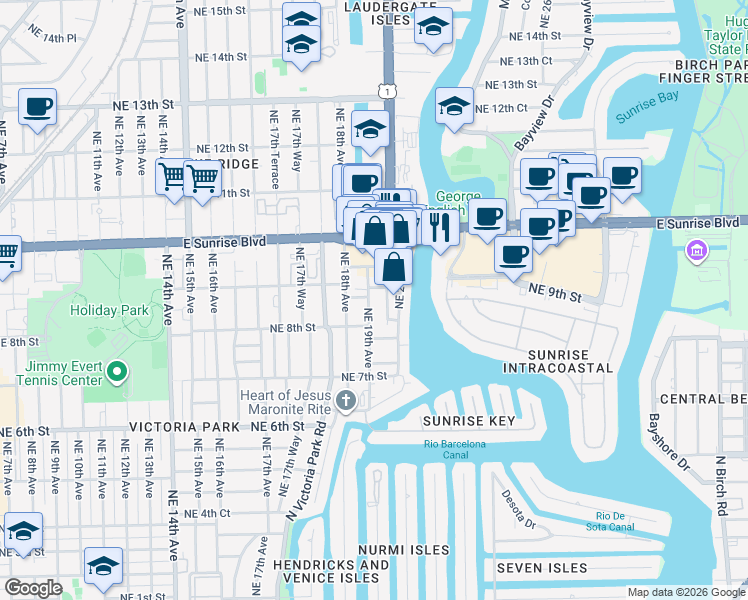map of restaurants, bars, coffee shops, grocery stores, and more near 809 Northeast 19th Avenue in Fort Lauderdale