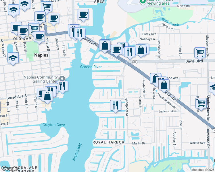 map of restaurants, bars, coffee shops, grocery stores, and more near 1125 Clam Court in Naples