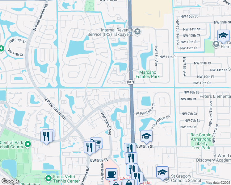 map of restaurants, bars, coffee shops, grocery stores, and more near 832 Northwest 81st Terrace in Plantation