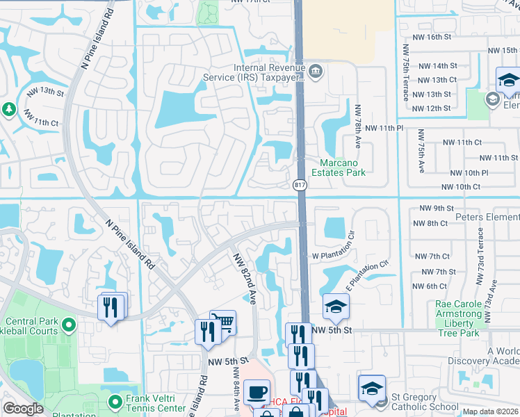map of restaurants, bars, coffee shops, grocery stores, and more near 832 Northwest 81st Terrace in Plantation