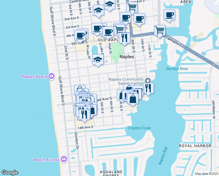 map of restaurants, bars, coffee shops, grocery stores, and more near 6th Street South in Naples