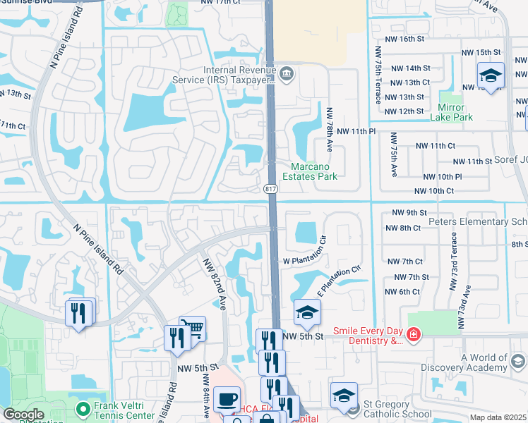 map of restaurants, bars, coffee shops, grocery stores, and more near 8041 Northwest 8th Street in Plantation