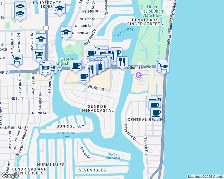 map of restaurants, bars, coffee shops, grocery stores, and more near 2609 Northeast 8th Street in Fort Lauderdale