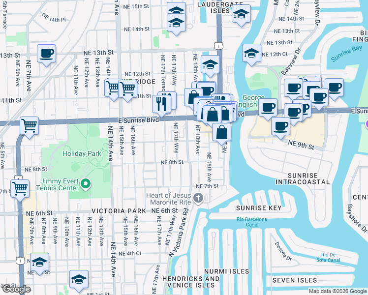 map of restaurants, bars, coffee shops, grocery stores, and more near 833 North Victoria Park Road in Fort Lauderdale