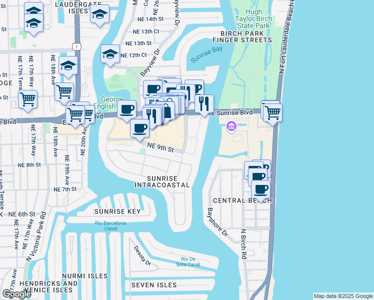 map of restaurants, bars, coffee shops, grocery stores, and more near 2609 Northeast 8th Street in Fort Lauderdale