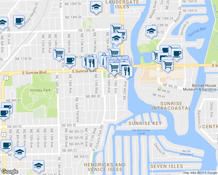 map of restaurants, bars, coffee shops, grocery stores, and more near 812 North Victoria Park Road in Fort Lauderdale