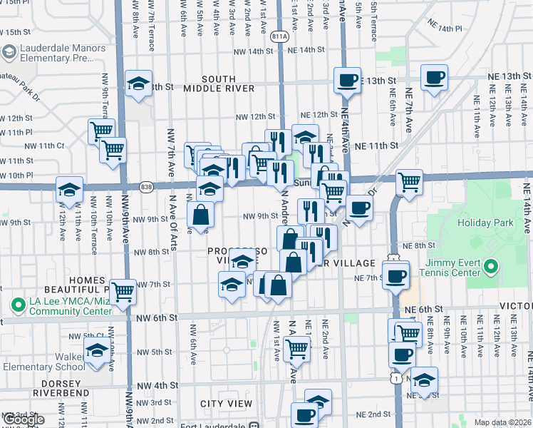 map of restaurants, bars, coffee shops, grocery stores, and more near 835 Northwest 1st Avenue in Fort Lauderdale