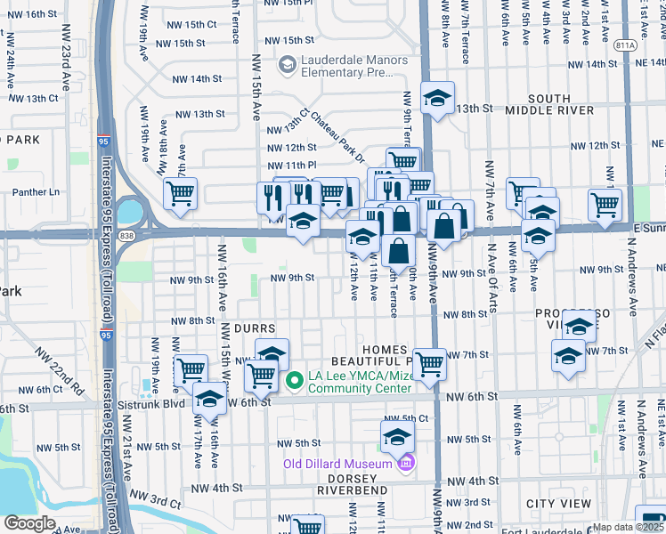 map of restaurants, bars, coffee shops, grocery stores, and more near 1270 Northwest 9th Street in Fort Lauderdale