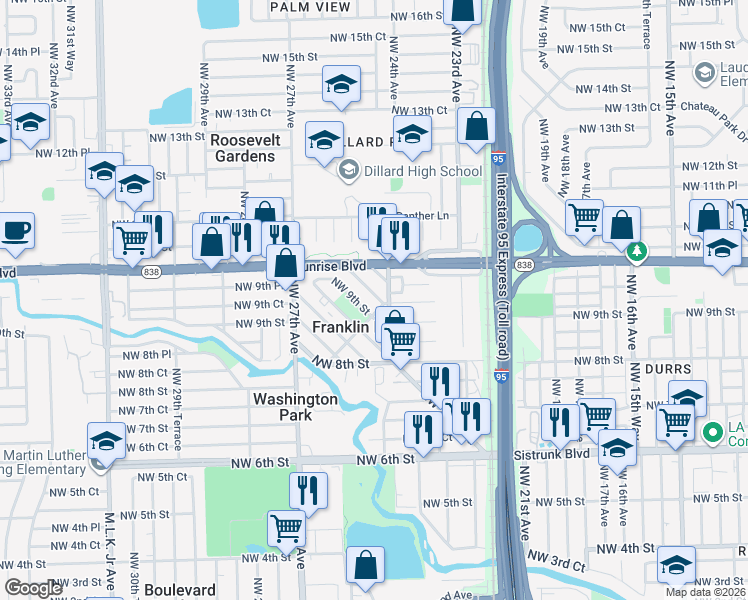 map of restaurants, bars, coffee shops, grocery stores, and more near in Franklin Park