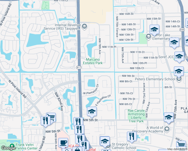 map of restaurants, bars, coffee shops, grocery stores, and more near 966 Northwest 79th Terrace in Plantation
