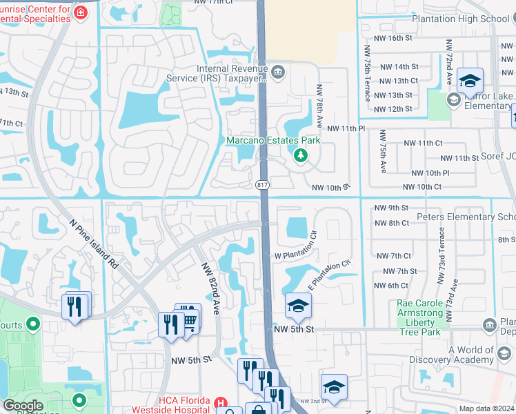 map of restaurants, bars, coffee shops, grocery stores, and more near 8041 Northwest 8th Street in Plantation