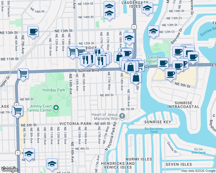 map of restaurants, bars, coffee shops, grocery stores, and more near 815 Northeast 17th Way in Fort Lauderdale