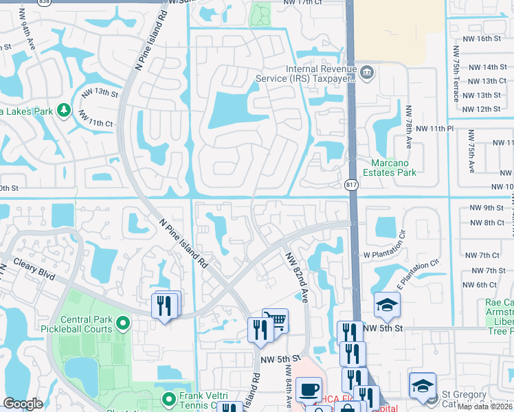 map of restaurants, bars, coffee shops, grocery stores, and more near 891 Northwest 85th Terrace in Plantation