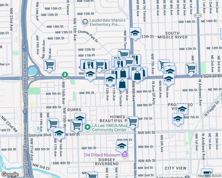map of restaurants, bars, coffee shops, grocery stores, and more near 845 Northwest 11th Avenue in Fort Lauderdale