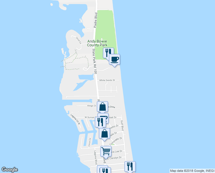 map of restaurants, bars, coffee shops, grocery stores, and more near 6508 Bayview Avenue in South Padre Island