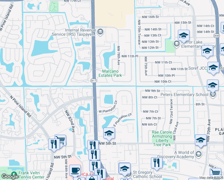 map of restaurants, bars, coffee shops, grocery stores, and more near 966 Northwest 79th Terrace in Plantation