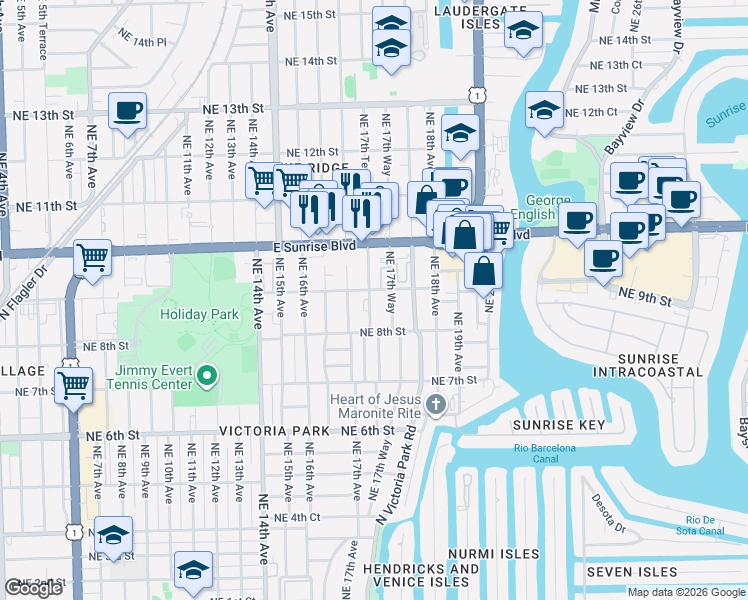map of restaurants, bars, coffee shops, grocery stores, and more near 815 Northeast 17th Way in Fort Lauderdale