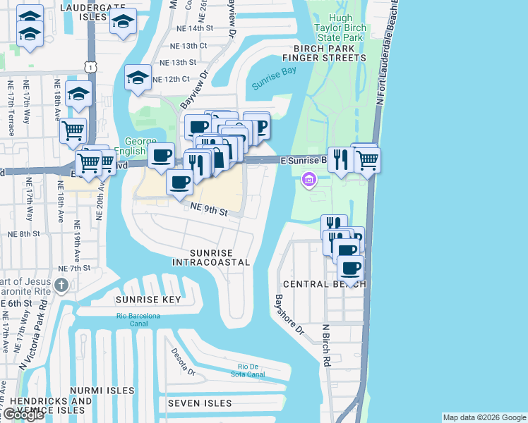 map of restaurants, bars, coffee shops, grocery stores, and more near 888 Intracoastal Drive in Fort Lauderdale