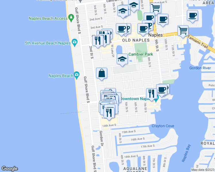 map of restaurants, bars, coffee shops, grocery stores, and more near 281 11th Avenue South in Naples