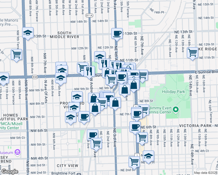 map of restaurants, bars, coffee shops, grocery stores, and more near 832 Northeast 2nd Avenue in Fort Lauderdale