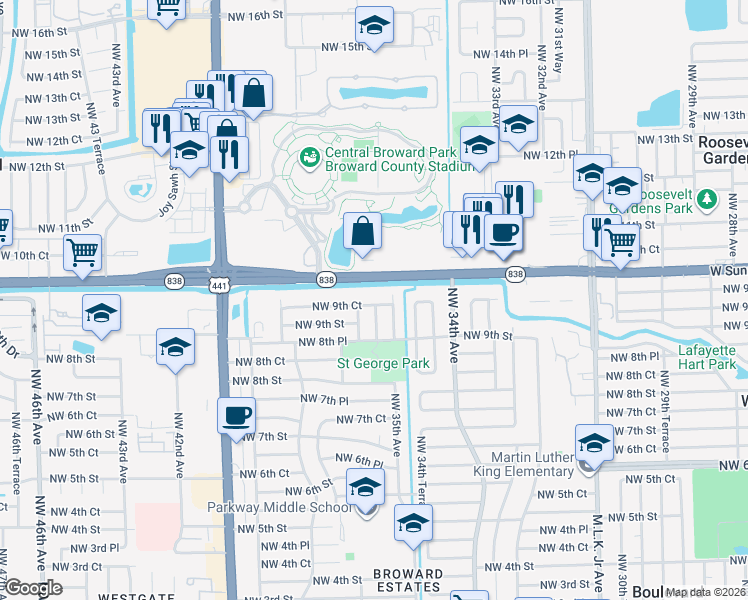 map of restaurants, bars, coffee shops, grocery stores, and more near 3531 Northwest 9th Court in Lauderhill