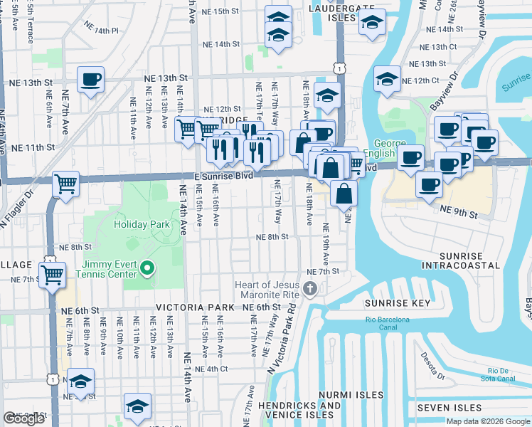 map of restaurants, bars, coffee shops, grocery stores, and more near 815 Northeast 17th Way in Fort Lauderdale