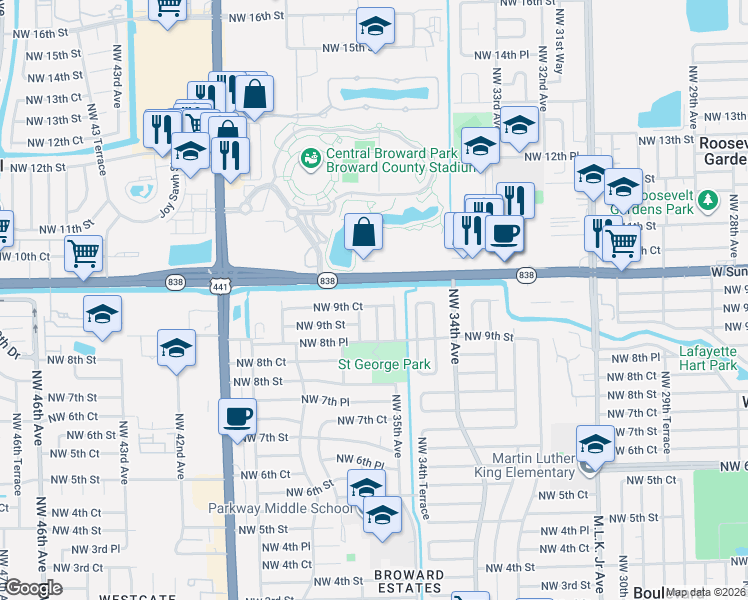 map of restaurants, bars, coffee shops, grocery stores, and more near 921 Northwest 35th Terrace in Fort Lauderdale