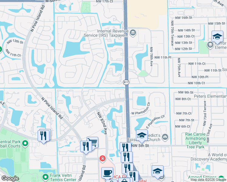map of restaurants, bars, coffee shops, grocery stores, and more near 832 Northwest 81st Terrace in Plantation
