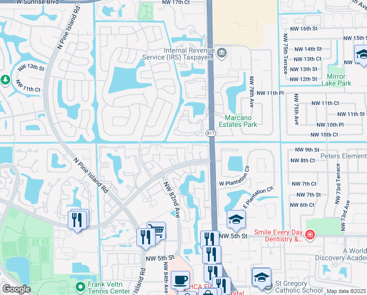 map of restaurants, bars, coffee shops, grocery stores, and more near 832 Northwest 81st Terrace in Plantation
