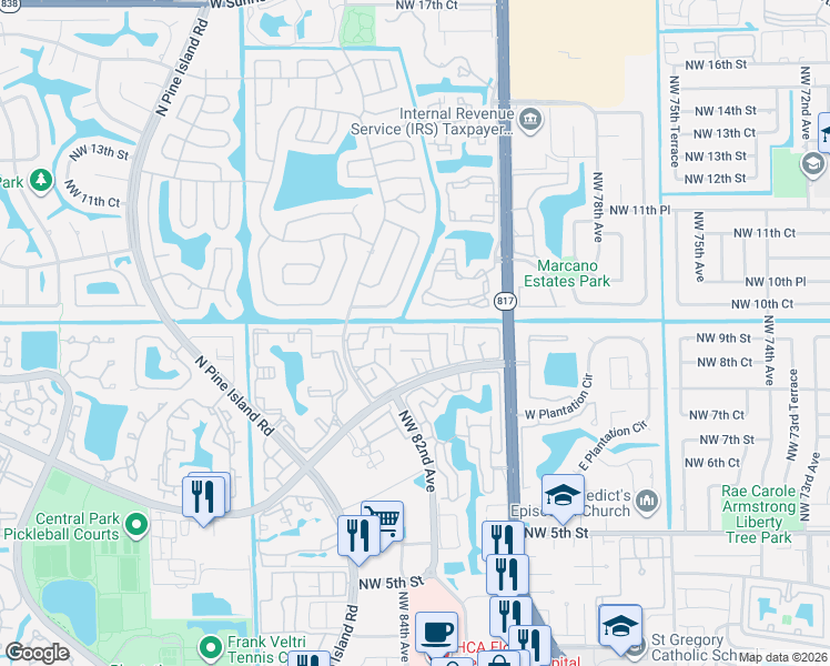 map of restaurants, bars, coffee shops, grocery stores, and more near 8186 Northwest 8th Place in Plantation