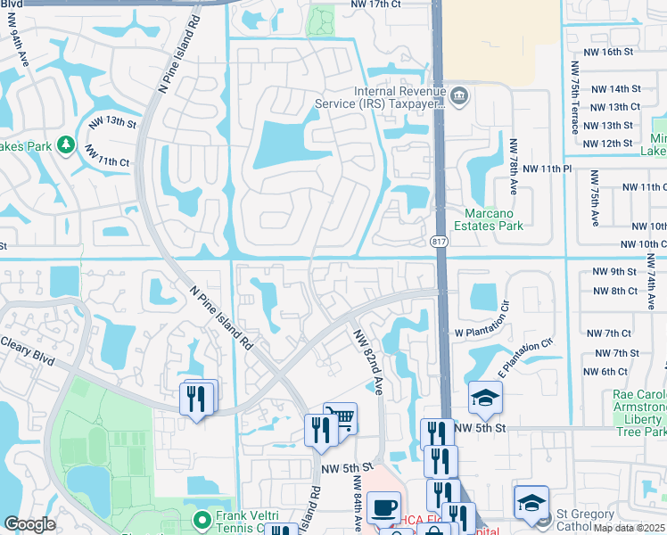 map of restaurants, bars, coffee shops, grocery stores, and more near 8218 Northwest 9th Street in Plantation