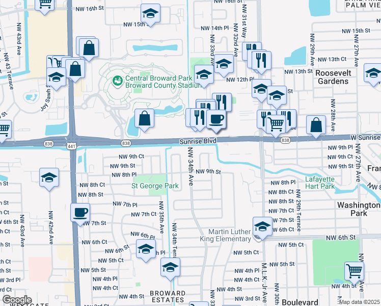map of restaurants, bars, coffee shops, grocery stores, and more near Northwest 34th Avenue in Lauderhill