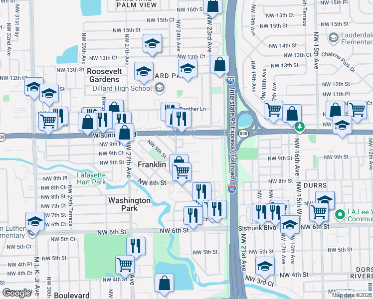 map of restaurants, bars, coffee shops, grocery stores, and more near 2305 Northwest 9th Street in Fort Lauderdale