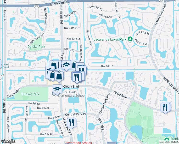 map of restaurants, bars, coffee shops, grocery stores, and more near 9965 Northwest 9th Court in Plantation