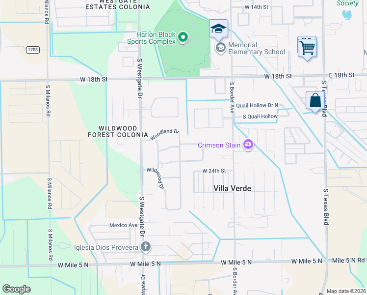 map of restaurants, bars, coffee shops, grocery stores, and more near 2305 Woodland Drive in Weslaco