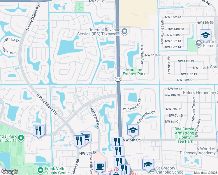 map of restaurants, bars, coffee shops, grocery stores, and more near 8041 Northwest 8th Street in Plantation