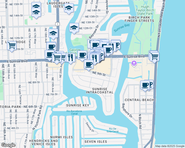 map of restaurants, bars, coffee shops, grocery stores, and more near 2472 East Sunrise Boulevard in Fort Lauderdale