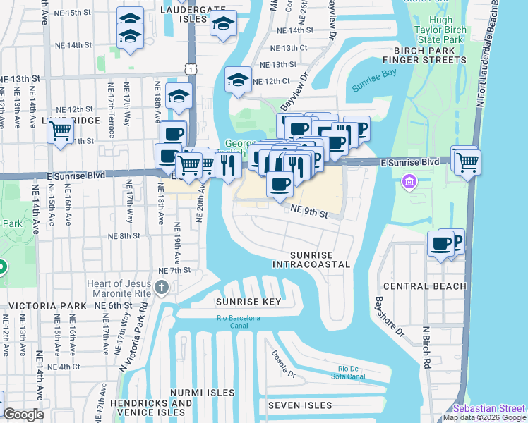 map of restaurants, bars, coffee shops, grocery stores, and more near 2352 Northeast 9th Street in Fort Lauderdale