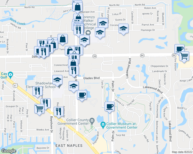 map of restaurants, bars, coffee shops, grocery stores, and more near 55 Glades Boulevard in Naples