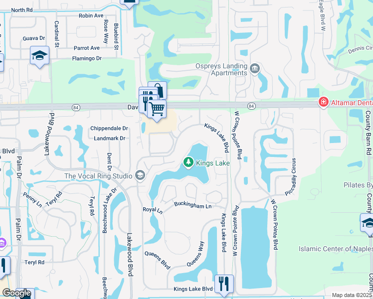map of restaurants, bars, coffee shops, grocery stores, and more near 1708 Kings Lake Boulevard in Naples