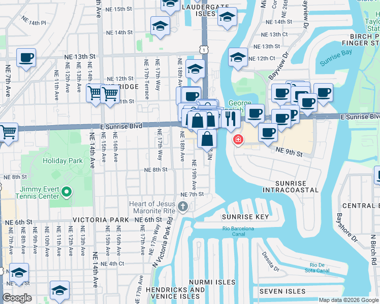 map of restaurants, bars, coffee shops, grocery stores, and more near 126 Northeast 19th Avenue in Fort Lauderdale