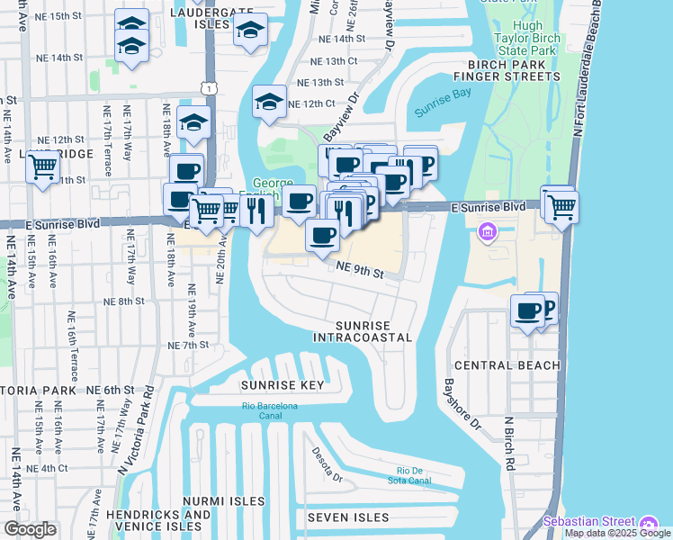 map of restaurants, bars, coffee shops, grocery stores, and more near 2472 East Sunrise Boulevard in Fort Lauderdale