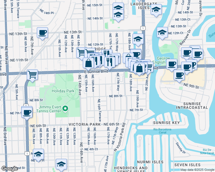 map of restaurants, bars, coffee shops, grocery stores, and more near 908 Northeast 17th Avenue in Fort Lauderdale