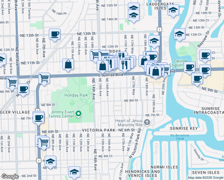 map of restaurants, bars, coffee shops, grocery stores, and more near 915 Northeast 16th Terrace in Fort Lauderdale